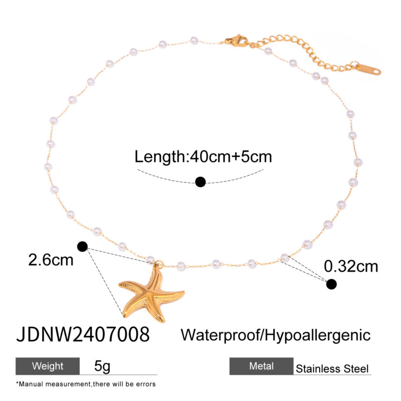 J&D 18k Gold Stainless Steel Pearl Hammered Seashell Starfish Ocean-Themed Necklace 40+5cm Adjustable Chain - Image 4