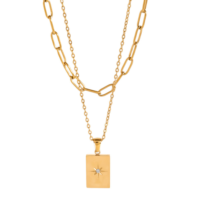 Youthway Trendy Double layer Tarot Cubic Zirconia Pendant Necklace 18K Gold-plated Stainless Steel Waterproof Jewelry Gift