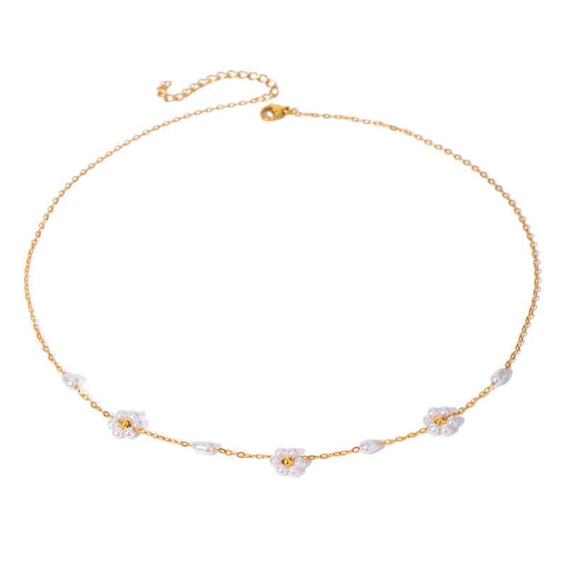 J&D 18K PVD Gold Plating Vintage Jewelry Stainless Steel Pearl Flower Necklace