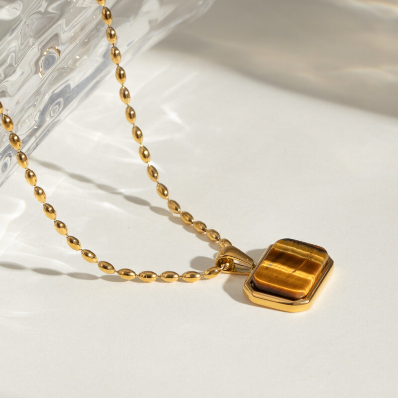 J&D 18k Gold Stainless Steel Amazonite Tiger Eye Malaysian Jade Necklace Natural Stone Beauty 41cm - Image 3