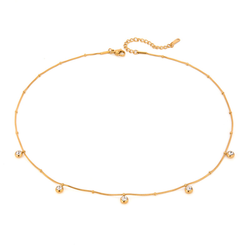 J&D 18k Gold Stainless Steel Zircon White Round Zircon Pendant Necklace 41+5cm