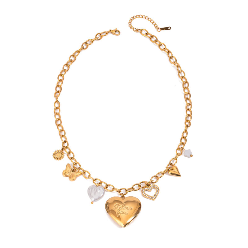 J&D 18k Gold Stainless Steel Imitation Shell Pearl White Diamond Engraved Love Photo Box Necklace