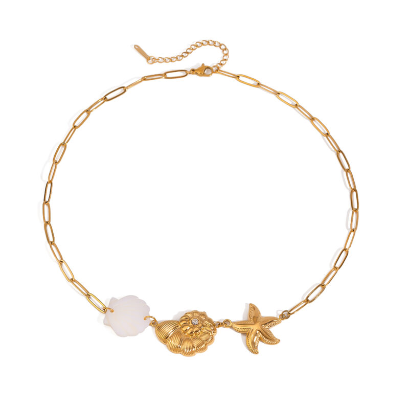 J&D Ocean 18K Gold Plated Stainless Steel Charm Necklace Shell Snail Starfish Vacation Jewelry