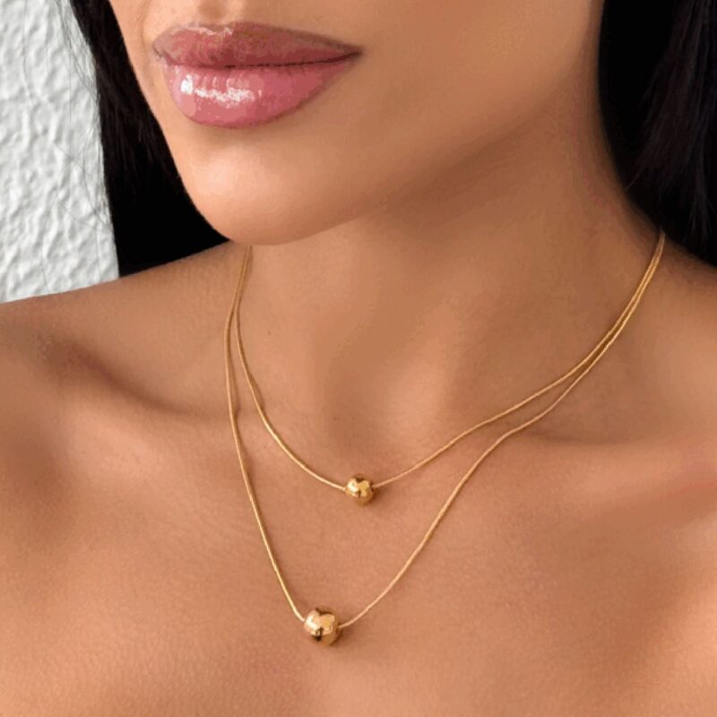 J&D 18k Gold Stainless Steel Dual-Tone Bead Pendant Snake Chain Necklace Adjustable Length - Image 3