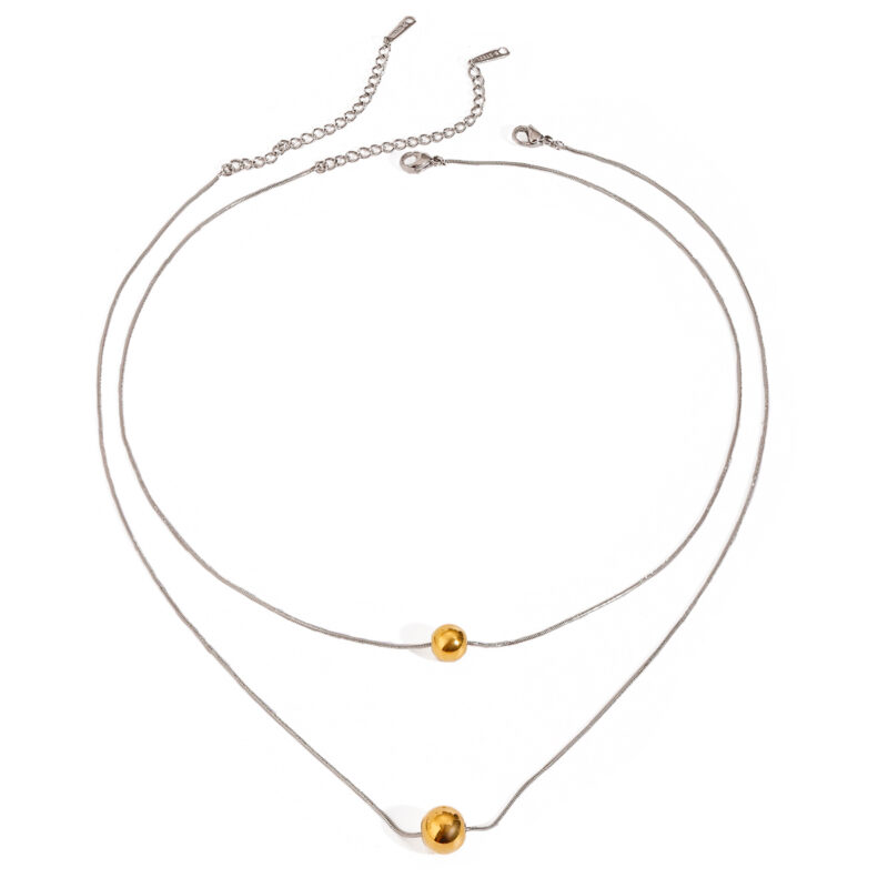 J&D 18k Gold Stainless Steel Dual-Tone Bead Pendant Snake Chain Necklace Adjustable Length