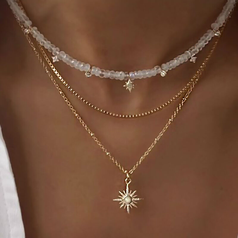 Youthway Unique Statement Gold Plated White Zircon Beads Star Pendant Multi-layer Chain Necklace Anti Allergic Women Jewelry - Image 3