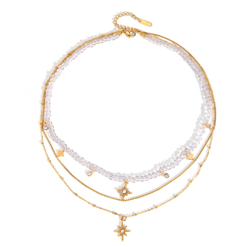 Youthway Unique Statement Gold Plated White Zircon Beads Star Pendant Multi-layer Chain Necklace Anti Allergic Women Jewelry