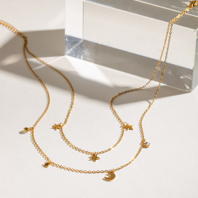 Youthway Versatile Elegant 18K Gold PVD Plated Stainless Steel White Zircon Moon Star Double Later Chain Necklace Women Jewelry - Image 3