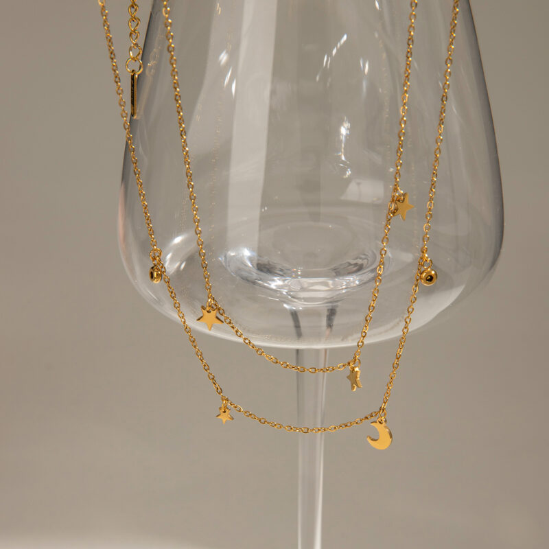 Youthway Versatile Elegant 18K Gold PVD Plated Stainless Steel White Zircon Moon Star Double Later Chain Necklace Women Jewelry - Image 4