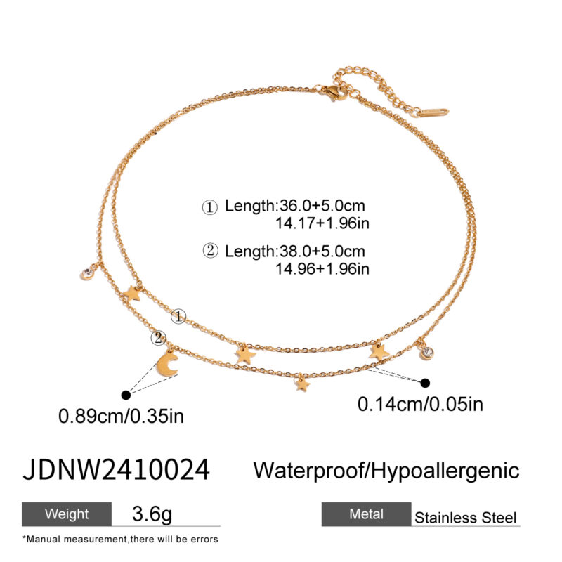 Youthway Versatile Elegant 18K Gold PVD Plated Stainless Steel White Zircon Moon Star Double Later Chain Necklace Women Jewelry - Image 5