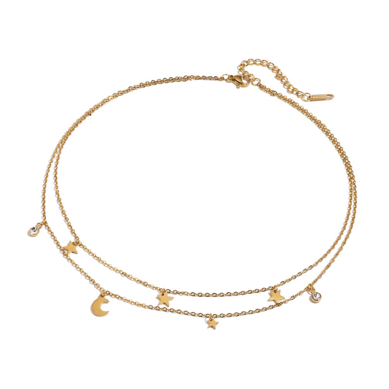Youthway Versatile Elegant 18K Gold PVD Plated Stainless Steel White Zircon Moon Star Double Later Chain Necklace Women Jewelry