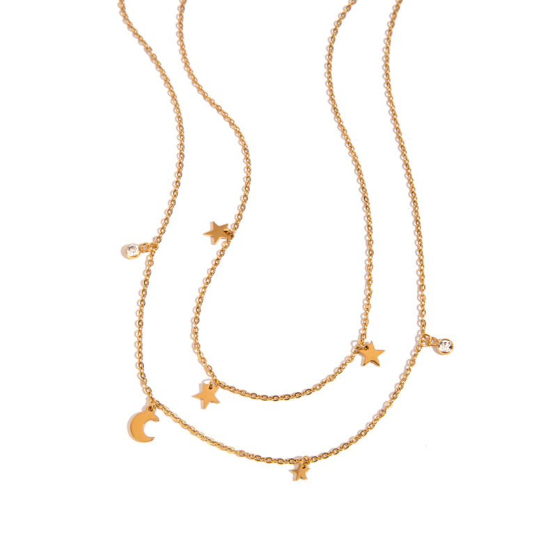 Youthway Versatile Elegant 18K Gold PVD Plated Stainless Steel White Zircon Moon Star Double Later Chain Necklace Women Jewelry - Image 2