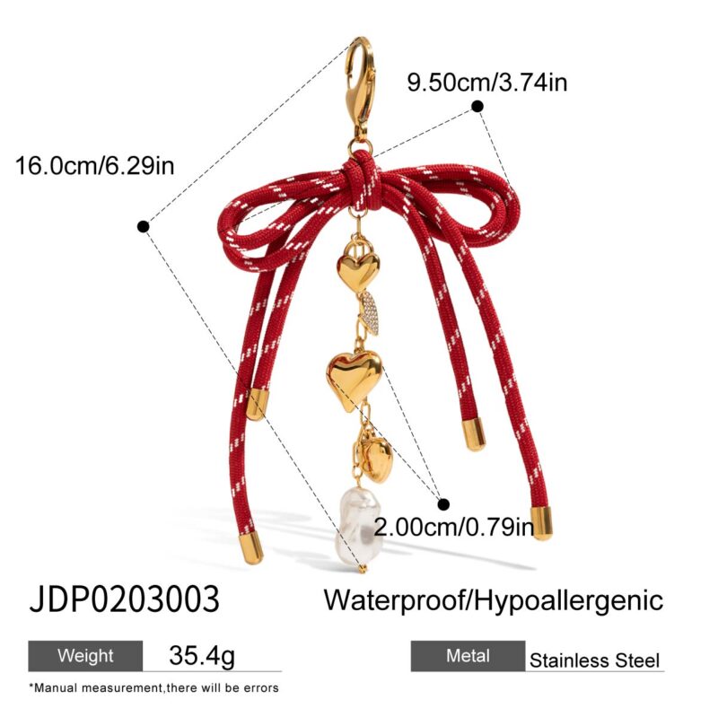 Urban Street Style 18K Gold Red Bow Heart Glass Pearl Bag Charm - Image 5