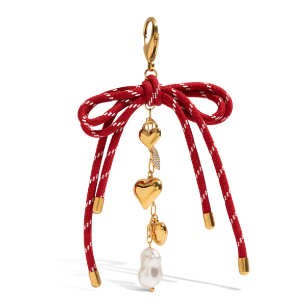Urban Street Style 18K Gold Red Bow Heart Glass Pearl Bag Charm