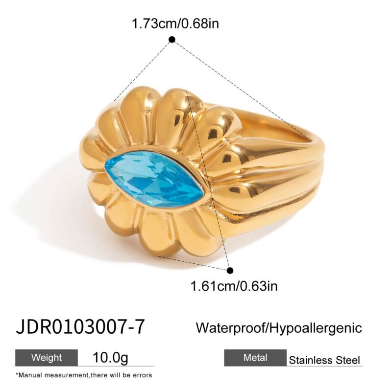J&D Stainless Steel 18K PVD Summer Size 6 7 8 Gold Plating CZ Blue Zircon Center Oval Flower Ring - Image 5