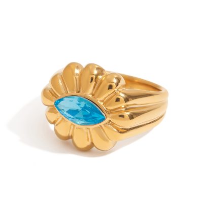 J&D Stainless Steel 18K PVD Summer Size 6 7 8 Gold Plating CZ Blue Zircon Center Oval Flower Ring