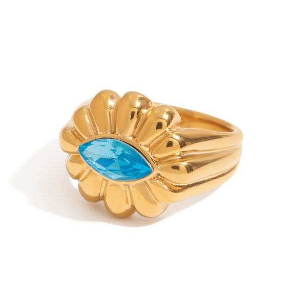 J&D Stainless Steel 18K PVD Summer Size 6 7 8 Gold Plating CZ Blue Zircon Center Oval Flower Ring