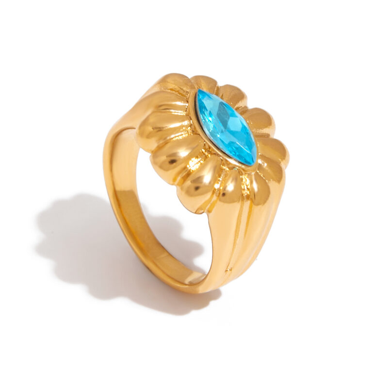 J&D Stainless Steel 18K PVD Summer Size 6 7 8 Gold Plating CZ Blue Zircon Center Oval Flower Ring - Image 2
