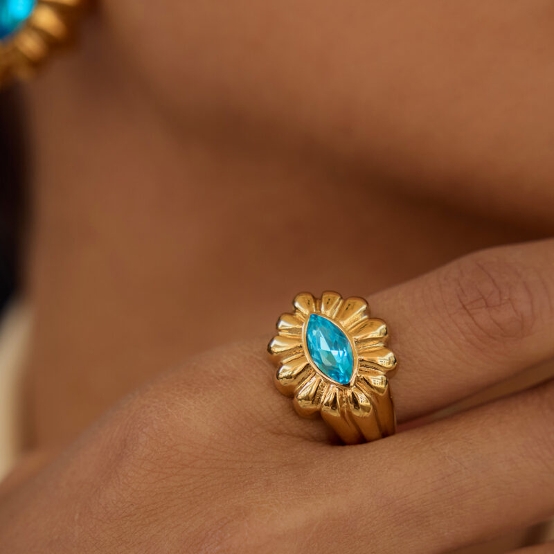 J&D Stainless Steel 18K PVD Summer Size 6 7 8 Gold Plating CZ Blue Zircon Center Oval Flower Ring - Image 3