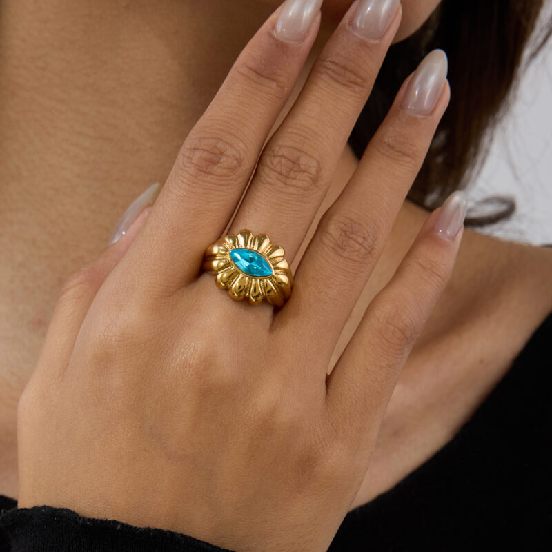 J&D Stainless Steel 18K PVD Summer Size 6 7 8 Gold Plating CZ Blue Zircon Center Oval Flower Ring - Image 4