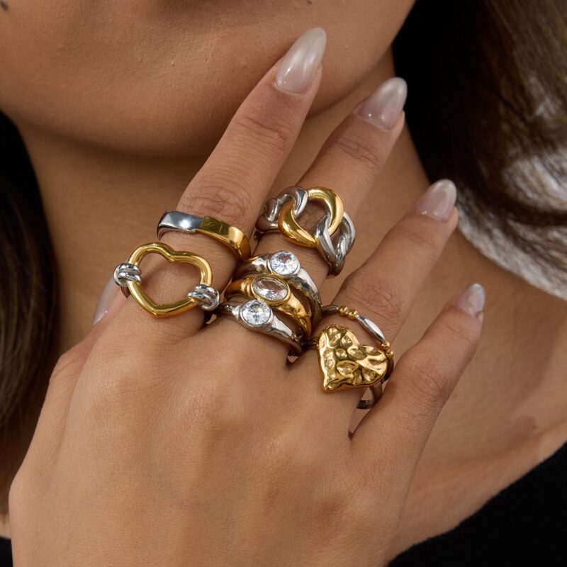 J&D 18K Gold Plate Stainless Steel Rings Modern Minimalist Zircon Gold and Silver Three-layer Hollow Ring - Image 5