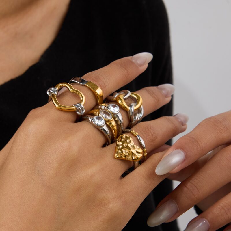 J&D 18K Gold Plate Stainless Steel Rings Modern Minimalist Zircon Gold and Silver Three-layer Hollow Ring - Image 4