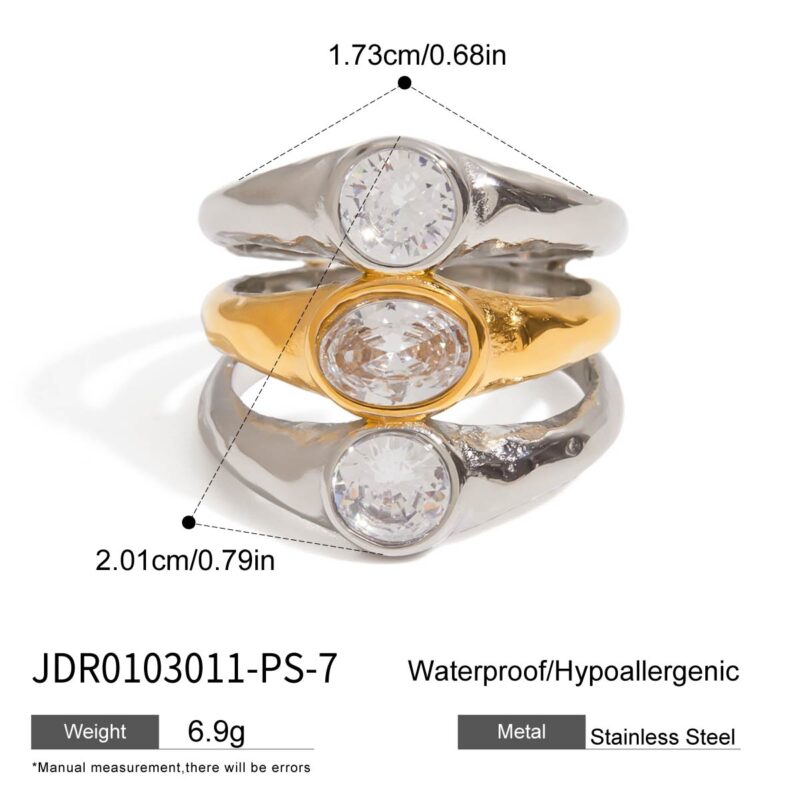 J&D 18K Gold Plate Stainless Steel Rings Modern Minimalist Zircon Gold and Silver Three-layer Hollow Ring - Image 6