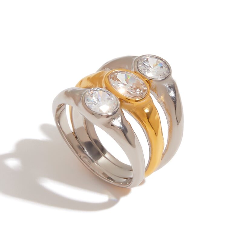 J&D 18K Gold Plate Stainless Steel Rings Modern Minimalist Zircon Gold and Silver Three-layer Hollow Ring - Image 2