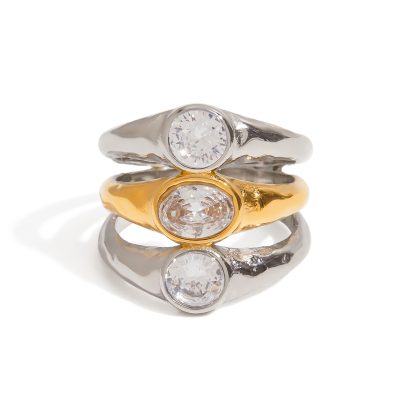 J&D 18K Gold Plate Stainless Steel Rings Modern Minimalist Zircon Gold and Silver Three-layer Hollow Ring