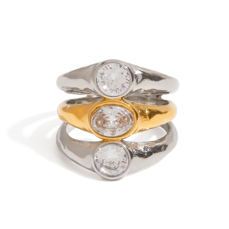 J&D 18K Gold Plate Stainless Steel Rings Modern Minimalist Zircon Gold and Silver Three-layer Hollow Ring