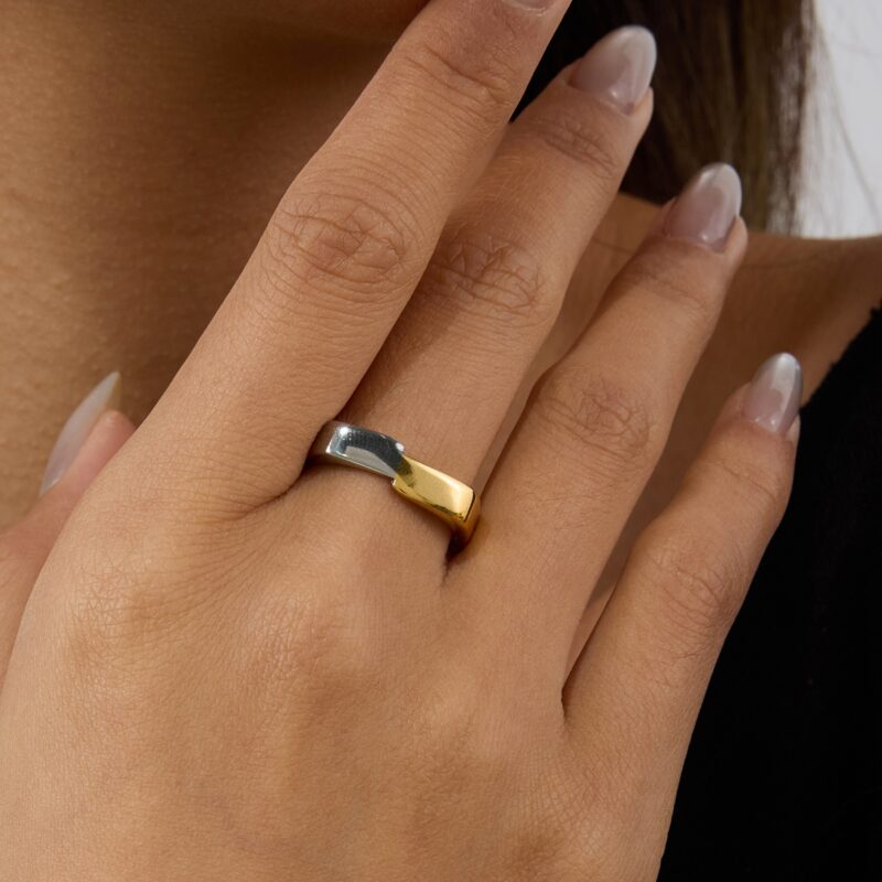 J&D 18K Gold Plate Stainless Steel Rings Modern Minimalist Gold and Silver Color Matching Square Ring - Image 5