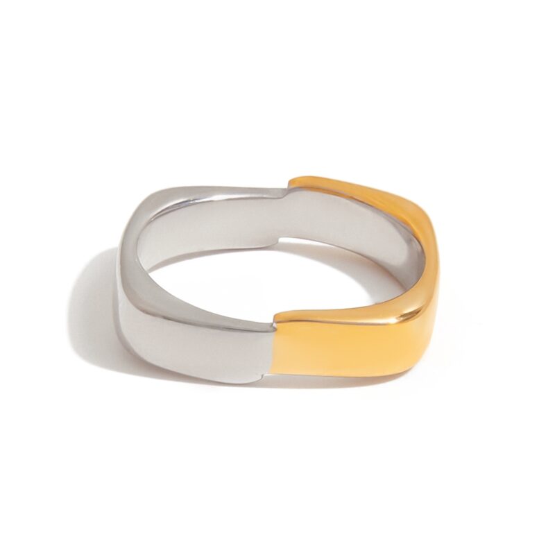 J&D 18K Gold Plate Stainless Steel Rings Modern Minimalist Gold and Silver Color Matching Square Ring - Image 2