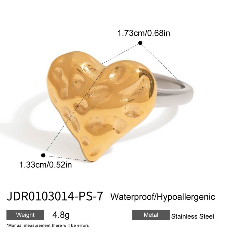 J&D 18k Gold Plated Stainless Steel Tarnish Free Waterproof Classic Hammered Heart Two Toned Rings - Image 6
