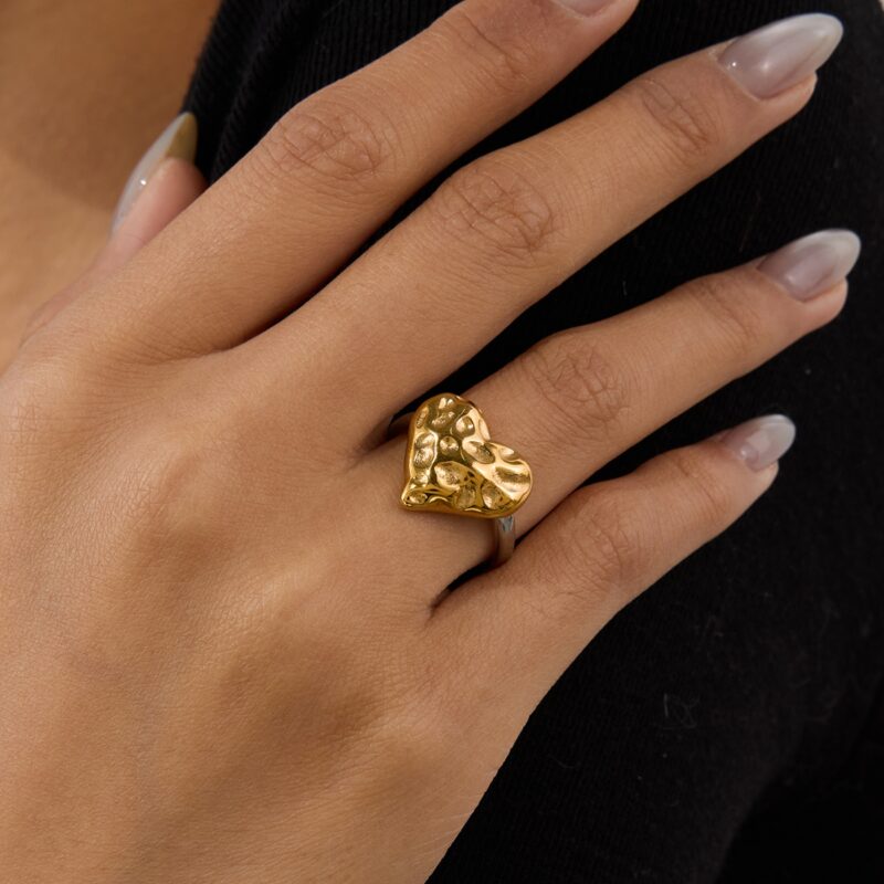 J&D 18k Gold Plated Stainless Steel Tarnish Free Waterproof Classic Hammered Heart Two Toned Rings - Image 4