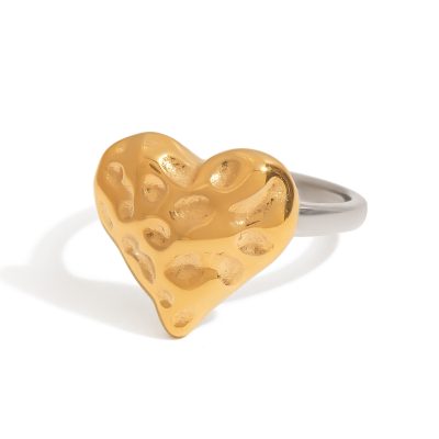 J&D 18k Gold Plated Stainless Steel Tarnish Free Waterproof Classic Hammered Heart Two Toned Rings