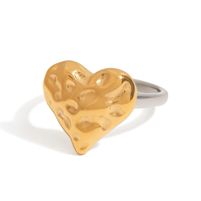 J&D 18k Gold Plated Stainless Steel Tarnish Free Waterproof Classic Hammered Heart Two Toned Rings