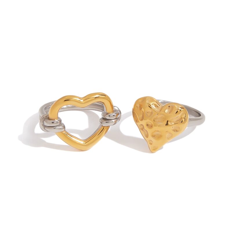 J&D 18k Gold Plated Stainless Steel Tarnish Free Waterproof Classic Hammered Heart Two Toned Rings - Image 3