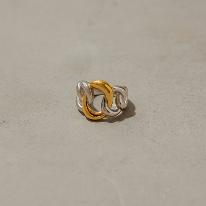 J&D 18K Gold Plate Stainless Steel Rings Modern Minimalist Gold and Silver Combination Twisted Hollow Ring - Image 3