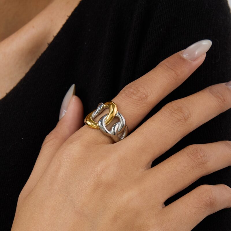 J&D 18K Gold Plate Stainless Steel Rings Modern Minimalist Gold and Silver Combination Twisted Hollow Ring - Image 4