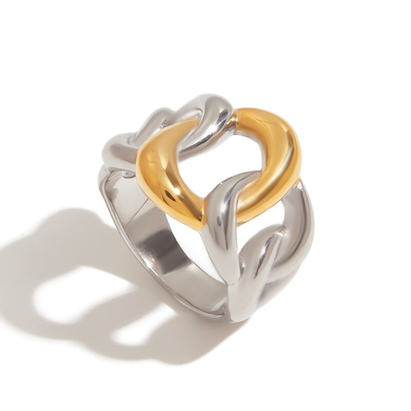 J&D 18K Gold Plate Stainless Steel Rings Modern Minimalist Gold and Silver Combination Twisted Hollow Ring - Image 2