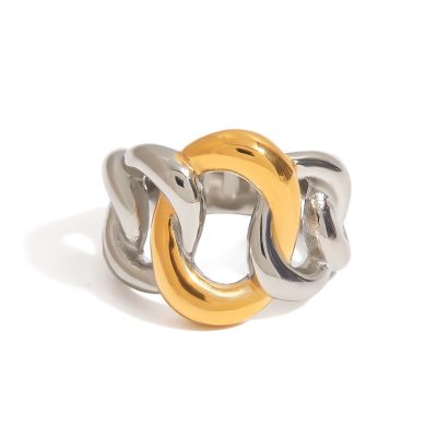 J&D 18K Gold Plate Stainless Steel Rings Modern Minimalist Gold and Silver Combination Twisted Hollow Ring