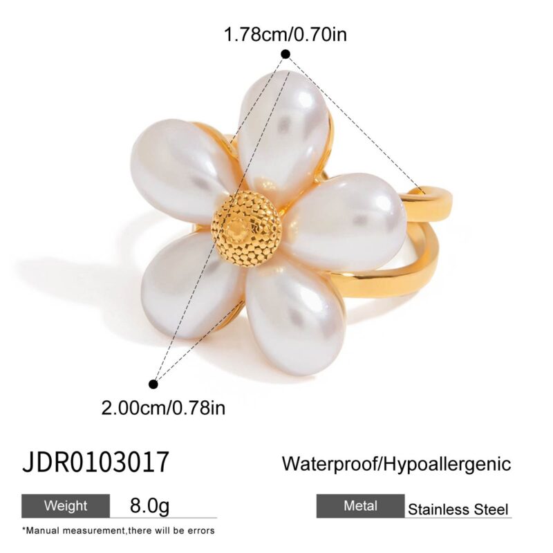 J&D 18k Gold Stainless Steel 18K Tarnish Free Waterproof Shell Beads Flower Open Ring - Image 6