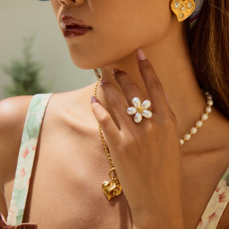 J&D 18k Gold Stainless Steel 18K Tarnish Free Waterproof Shell Beads Flower Open Ring - Image 4
