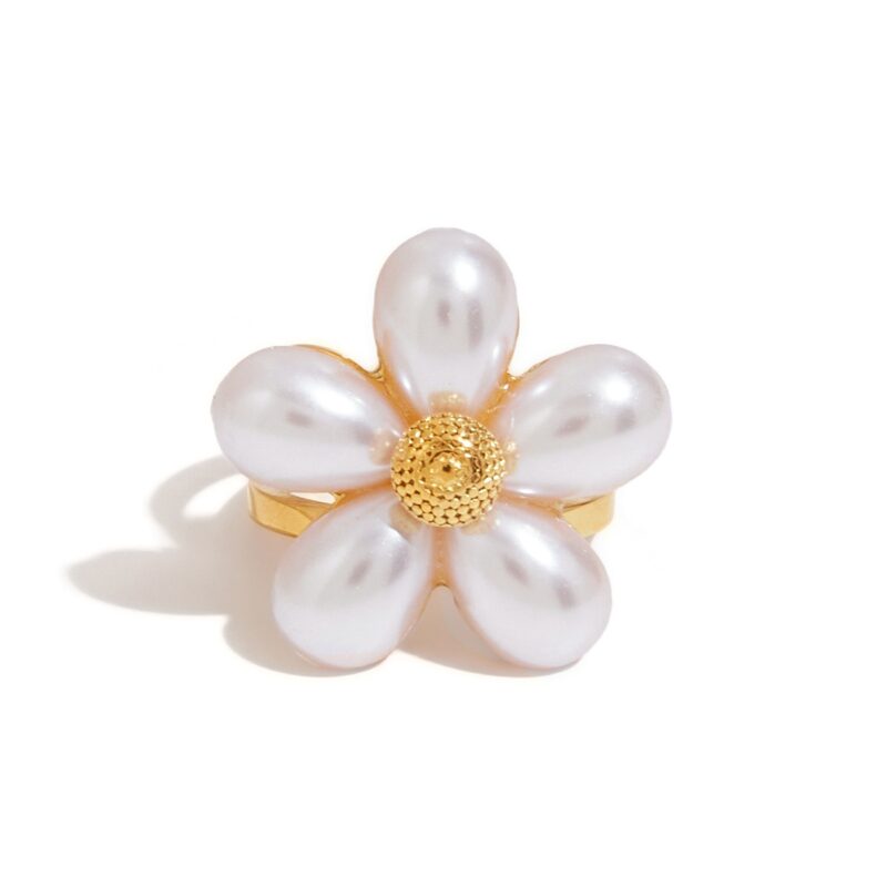J&D 18k Gold Stainless Steel 18K Tarnish Free Waterproof Shell Beads Flower Open Ring - Image 3