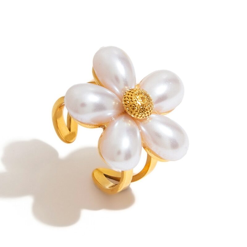 J&D 18k Gold Stainless Steel 18K Tarnish Free Waterproof Shell Beads Flower Open Ring - Image 2