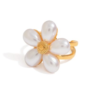 J&D 18k Gold Stainless Steel 18K Tarnish Free Waterproof Shell Beads Flower Open Ring