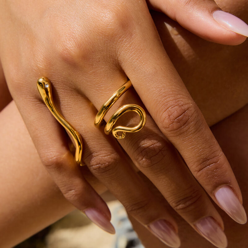 J&D Geometric Irregular Ring 18k Gold Rings for Women Adjustable Rings 18k Gold Plated Stainless Steel - Image 3
