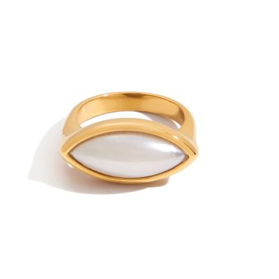 J&D 2025 Trendy 18K Gold Plated Stainless Steel Elegant Oval Ring with Resin Pearl Minimalist Vintage-Inspired Jewelry for Women
