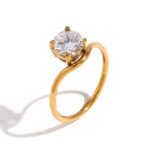 Trendy Geometric Zircon Ring - 18K Gold Plated Stainless Steel Wave Band, Simple Luxury Jewelry for Women