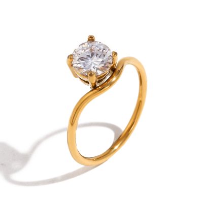 Trendy Geometric Zircon Ring - 18K Gold Plated Stainless Steel Wave Band, Simple Luxury Jewelry for Women